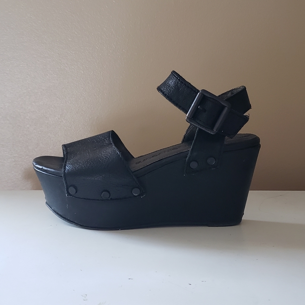 Calvin Klein Black Leather Block Wedge Sandals *